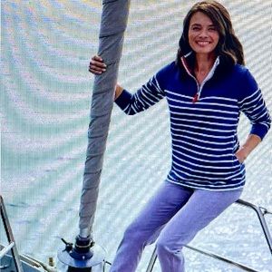 WoolOvers 100% organic cotton striped blue white marine sweater size XXL 1/4 zip